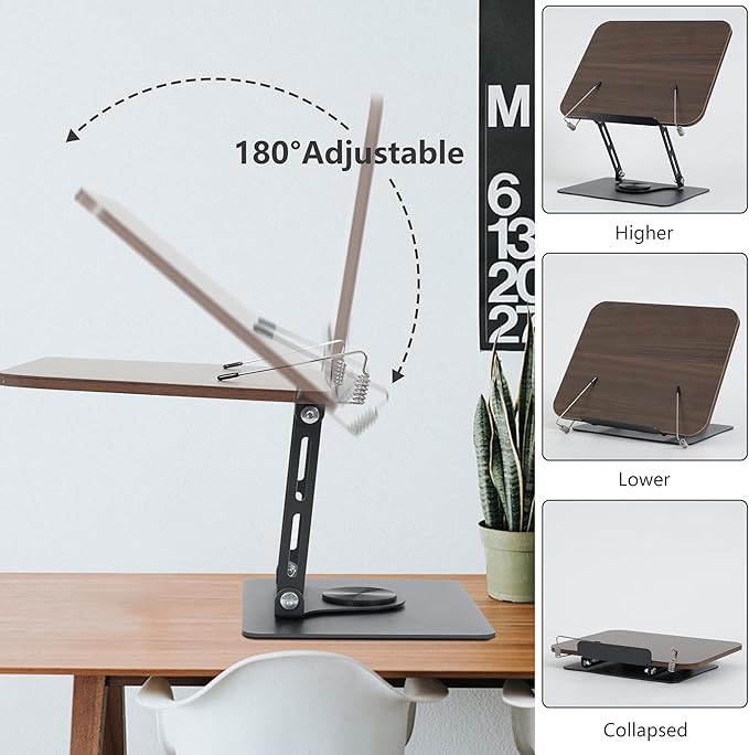 Book Stand for Reading, Multi-Angle & Height Book Holder with 360° Swivel Base, Lightweight Foldable Cookbook Stand for Kitchen, Office, Textbook, Recipe, Music Scores, Kindle, Tablet