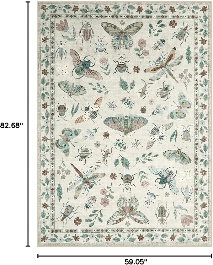 Lahome Insect Print Washable Area Rugs 5x7, Soft Rugs for Living Room Ultra-Thin Non-Shedding Modern Bedroom Rug, Stain Resistant Throw Rug Large Carpet for Dining Room Kids Nursery(5'x7',Beige)