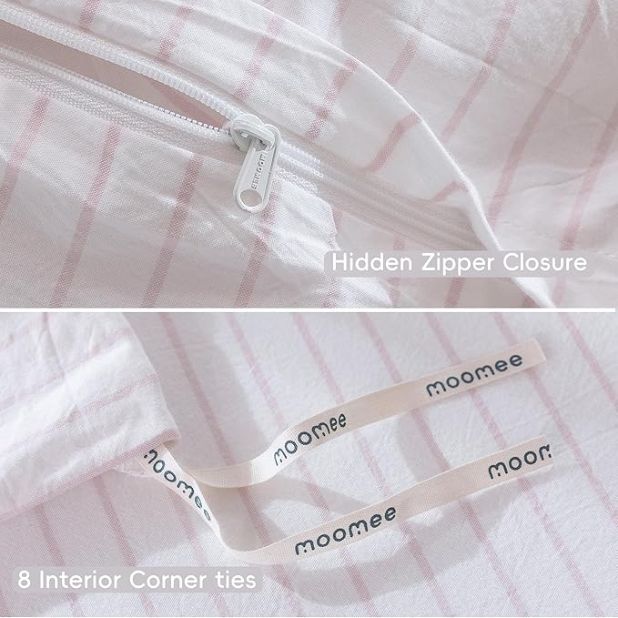 MooMee Striped Duvet Cover Set 100% Washed Cotton Linen Like Textured Breathable Durable Soft Comfy (White Heathered Greyish Pink Wide Stripes, King 104"x90")