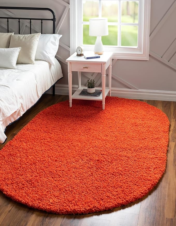 Unique Loom Solid Shag Collection Area Rug (8' x 10' Oval, Tiger Orange)