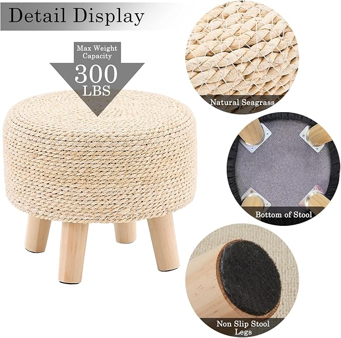 Wimarsbon Round Foot Stool Natural Seagrass Poufs Ottoman Hand Weave Footrest Stool for Couch Desk Extra Seat Step Stool with Solid Wood Legs for Hallway Patio Lounge Natural