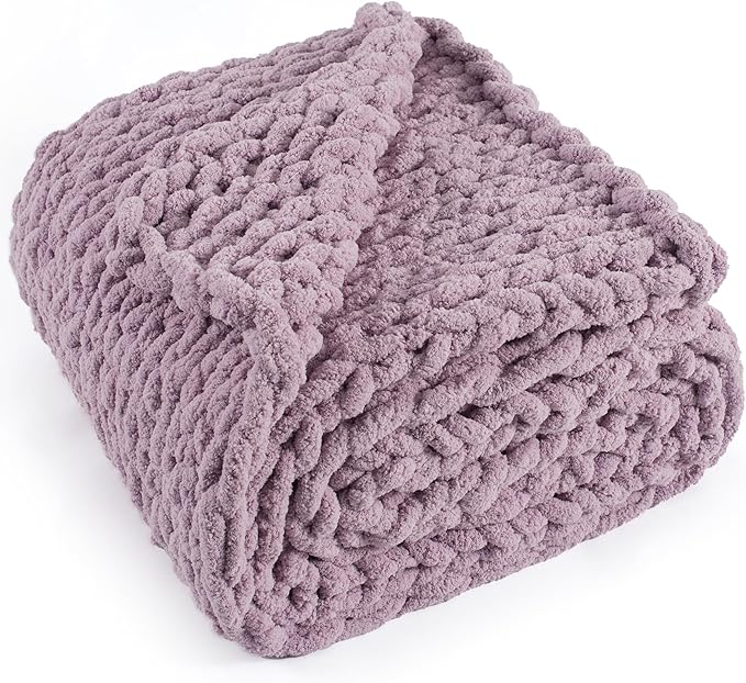 Chunky Knit Throw Blanket 60"X 80", 100% Handmade with Soft Chenille Yarn, 4.4lbs Thick Cable Knitted Blankets, Large Rope Knot Crochet Throws for Couch Sofa Bed Home Decor, Purple
