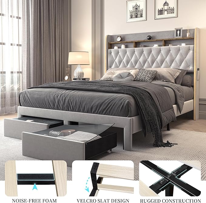 Full LED Bed Frame with Storage Drawers, Velvet Upholstered Platform Beds with Galaxy Star Projector Charging Station Speaker, Aurora Bedframe with 2-Tier Storage Headboard, Noise-Free, Grey