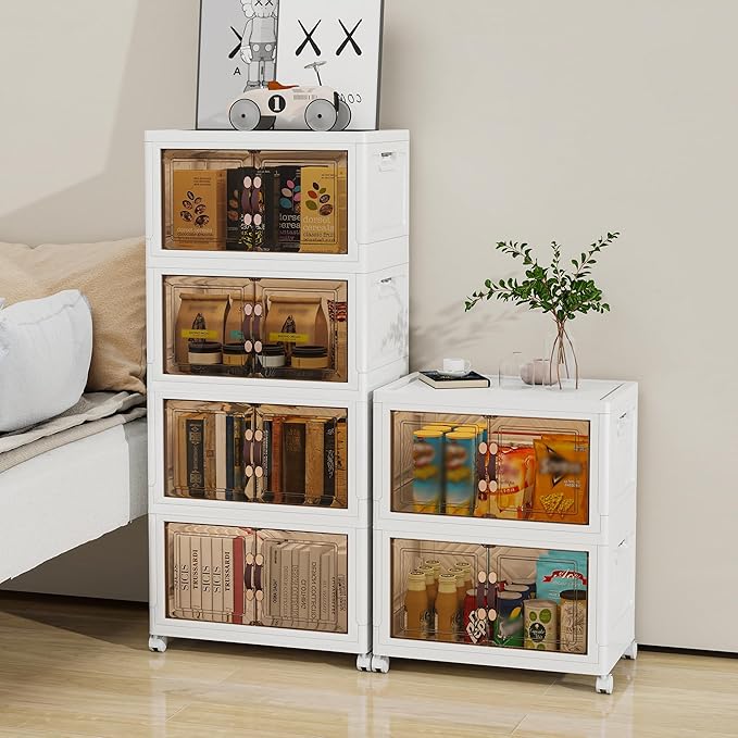 Storage Bins with 2 Lids and Wheels, 270QT-45QT*6Tier Collapsible Bathroom Storage Cabinet with Clear Doors, Plastic Stackable Closet Organizers and Containers White