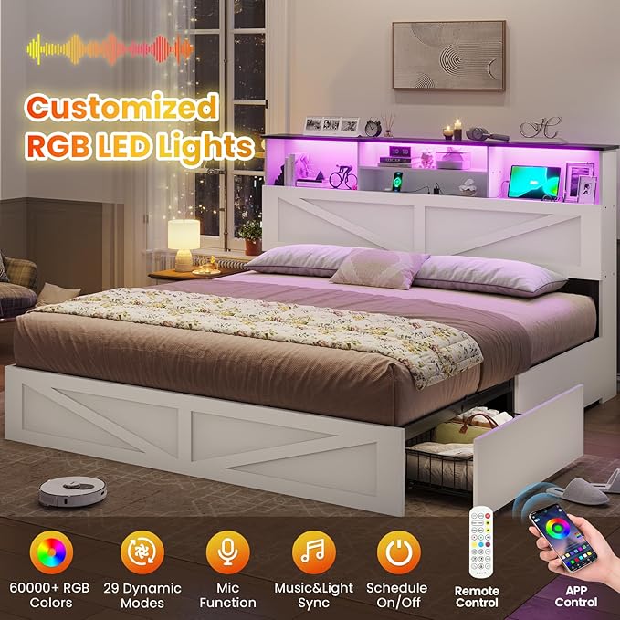 VIAGDO Farmhouse Bed Frame King Size with Bookcase Storage Headboard, Charging Station and LED Lights, Wooden King Bed Frame with 4 Drawers, Barn Door Design, No Box Spring Needed, No Noise, White