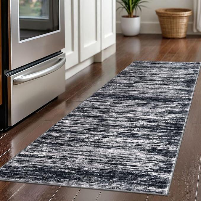2x5 Modern Abstract Runner Rug for Hallways, Black Super Soft Hallway Decor Kitchen Rugs with Non-Slip, Non-Shedding Washable Rug for Hallways Entryway Bedroom Indoor