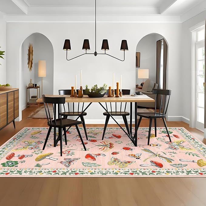 Mushroom Insect 8x10 Area Rugs, Washable Rugs for Living Room Non Slip Stain Resistant Low Pile Modern Butterfly Carpet for Bedroom Dining Room Nursery Playroom Office, Light Pink