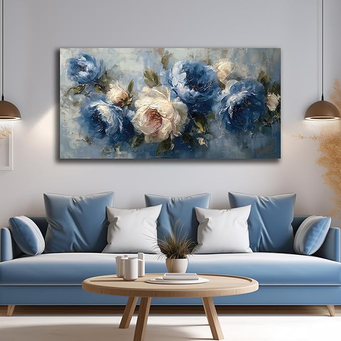 JuhaiArt Blue Wall Art Bedroom Large Flower Canvas Wall Decor Peony Floral Picture Art White Artwork for Living Room Office 29" x 59"