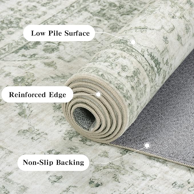 5x7 Vintage Washable Area Rugs Boho Medallion Large Distressed Retro Accent Carpet Floral Non-Slip Soft Low Pile Indoor Throw Rug for Living Room Bedroom Dining Room Office Kitchen, Green