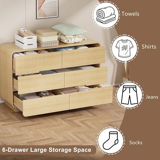 6 Drawer Dresser and 2 Nightstand Sets for Bedroom 3 Pcs Bedroom Set, Modern 47.2" Fluted Dresser with Invisible Handles Nightstand Charging Station, Bedroom Furniture Set for Living Room, Natural