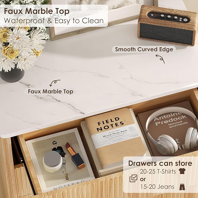 Fluted 5 Drawers Dresser for Bedroom, 47" Tall Handleless Chest of Drawers with Faux Marble Top, Curved Profile Design, Wood Drawer Organizerfor forLiving Room, Hallway, Entryway, Natural Oak