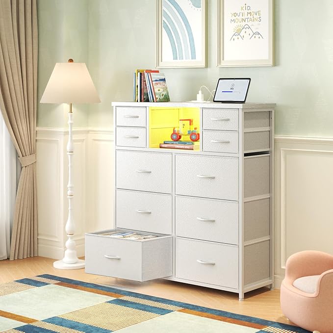 White Dresser for Bedroom with 10 Drawers Featuring LED Light and Power Outlet, Fabric Dressers & Chest of Drawers with Open Shelves for Hallway, Living Room, Steel Frame,Wood Top