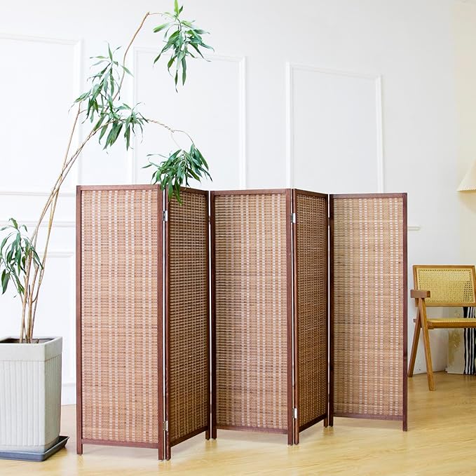 5 Panel Short Room Divider Screen,Brown Freestanding Partition,Small Bamboo Panel Divider for Room Seperation,3.95 FT Tall