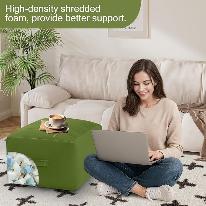 MeMoreCool Square Pouf Ottoman – Stuffed Foam Footrest for Living Room, Green Soft Velvet Texture | Portable Handle | Machine Washable Cover | Compact & Cozy Floor Seat