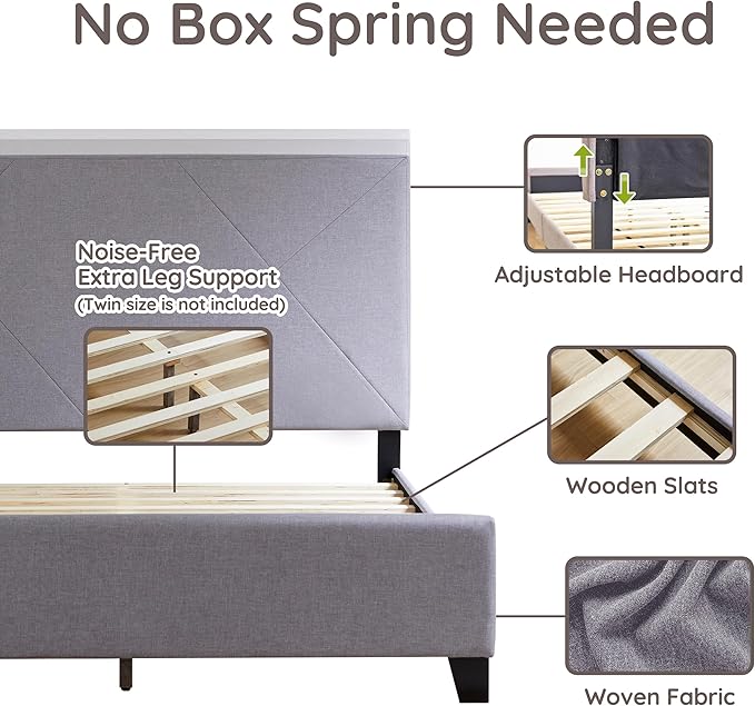 Livinia Stella Queen Size Platform Bed, Fabric Upholstered Queen Bed Frame with Height Adjustable Headboard Footboard, Strong Wood Slats, No Box Spring Needed, Gray (Queen)