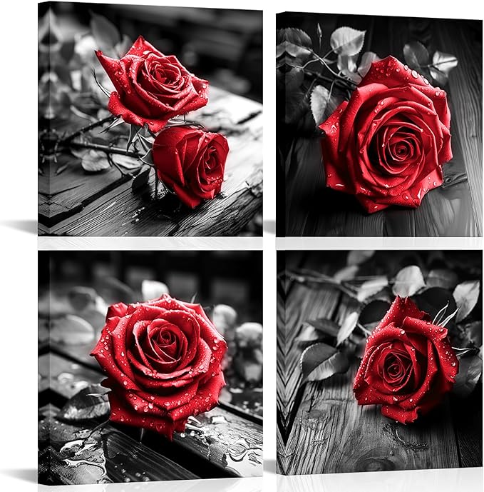VANSEEING 4 Pieces Red and Black Rose Flower Canvas Wall Art Floral Pictures Prints Modern Romantic Artwork Wall Decor for Valentine's Day Living Room Bedroom 12x12inchx4Pcs