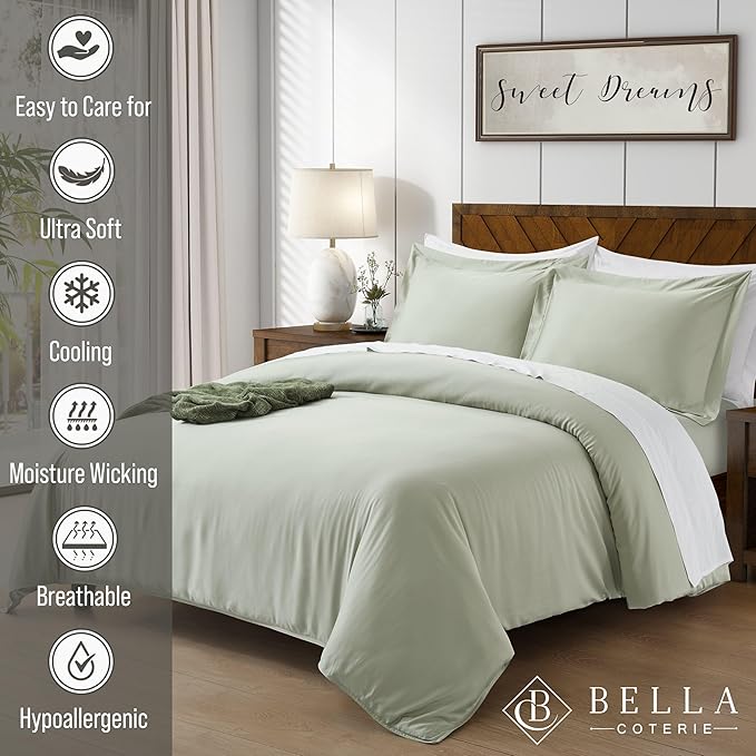 Bella Coterie Luxury Bamboo Viscose Queen Size Duvet Cover Set | 100% Organically Grown | Corner Ties | Ultra Soft | Cooling | Two Pillow Shams | 90 x 94 | No Insert [Sea Glass]
