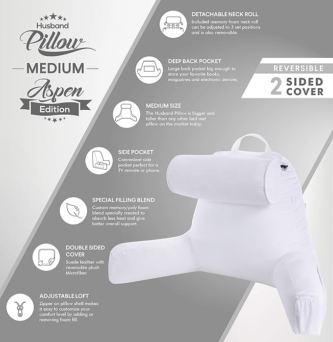 Husband Pillow Medium Aspen Edition White Dandelion, Sit Up Reading & Bed Rest with Arms, Ultra-Comfy, Detach Neck Roll - Premium Shredded Memory Foam Backrest, Reverses to Micro: Suede or Plush