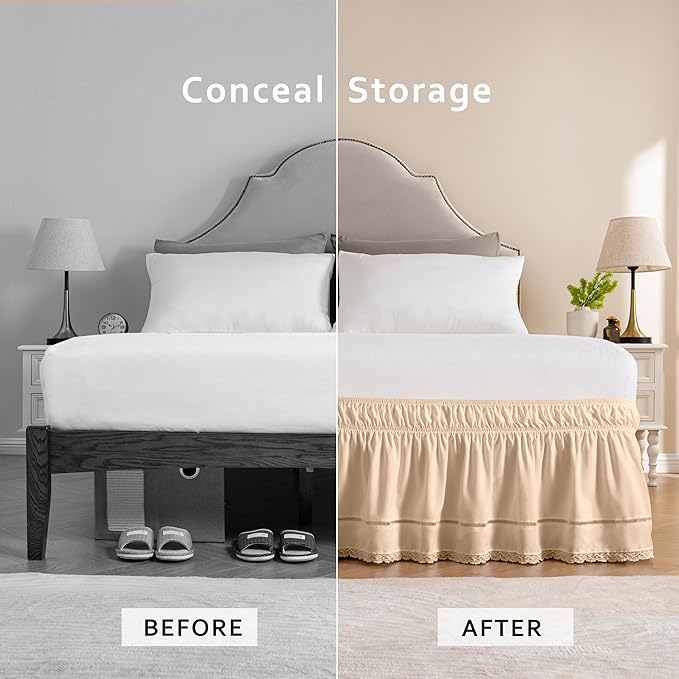MIYE Wrap Around Ruffled Lace Bed Skirt, Elastic Dust Ruffle with Adjustable Belts, Easy to Put On, Bed Frame Cover, Machine Washable (Floral Lace/Beige, Full/Twin-12.5" Drop)
