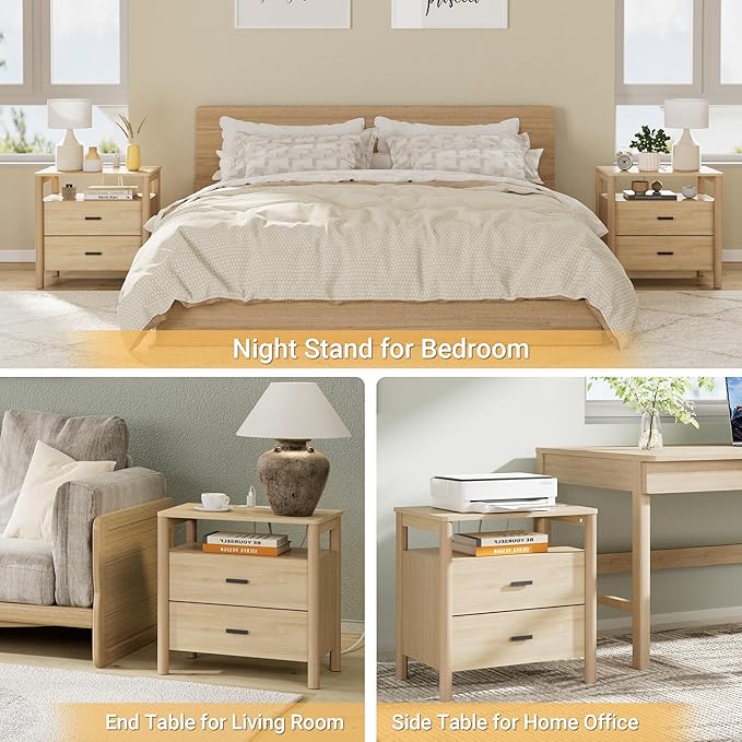 FavourLife Night Stand Set 2, 23" Wide Nightstands Set of 2, Large Nightstand with Charging Station, 2 Drawer Wooden End Table with Solid Round Post Legs, Modern Bedside Table for Bedroom, Natural Oak
