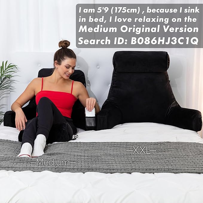 Husband Pillow XXL - Reading Pillow Bed Chair with Arms & Back Support - Black - Back Pillow for Bed Sitting Up - BedRest Arm Pillow - Comfy Reading Pillow for Adults
