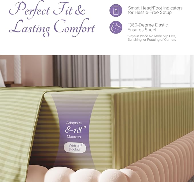 Carressa Linen Luxury Egyptian Cotton Queen Stripe Sheet Set - 600 Thread Count Extra Long Staple 4 PC Set, Herb Garden Queen Damask Sheets, Soft, Cooling Sateen Weave Sheets Upto 18 in Deep Pocket