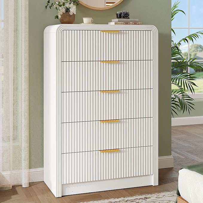 Fluted 5 Drawers Dresser, 48" Tall Modern Chest of Drawers with Round Edge & Metal Handle, Wood Drawer Organizer for Living Room, Bedroom, Entryway, Hallway (White)