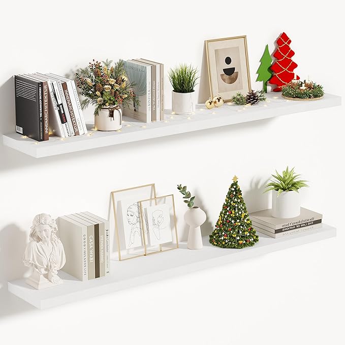 Vivelove 10 in Deep Floating Shelves for Wall, 47.2" x 10.2" x 1.5" Shelves for Room Wall Mounted, 1.5 Inch Thick Shelf for Bathroom Bedroom Kitchen Book Room, Modern Farmhouse Decor, Set of 2, White