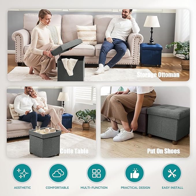 BRIAN & DANY Small Ottoman with Storage, Small Storage Ottoman, Folding Foot Stool with Wood Legs for Living Room and Bedroom Linen Rest Seat, 12.6"x12.6"x12.8" - Gray