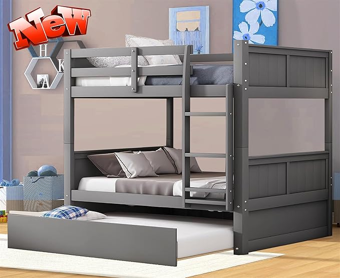 STERXONE Best Thicken Solid Wood Full Over Full Bunk Bed with Trundle, Luxurious Bunk Bed Frame Full Size with Safety Guard Rail and Ladder, Convertible to 2 Beds for Adults, Teens, Kids (Gray)