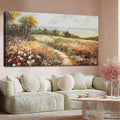 YETHEN WAL Wildflower Meadow Landscape Wall Art with Cottage – Panoramic Country Path Canvas Print, Floral Nature Artwork for Living Room Bedroom, 24x48 Inch