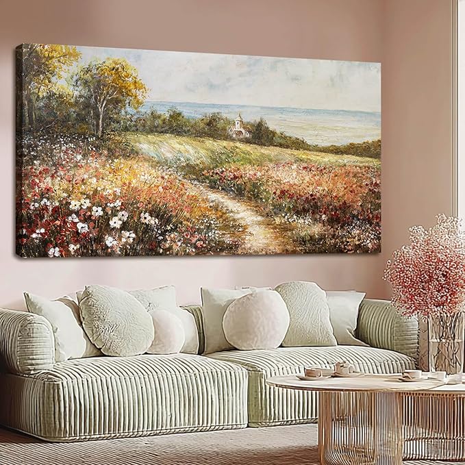 YETHEN WAL Wildflower Meadow Landscape Wall Art with Cottage – Panoramic Country Path Canvas Print, Floral Nature Artwork for Living Room Bedroom, 24x48 Inch