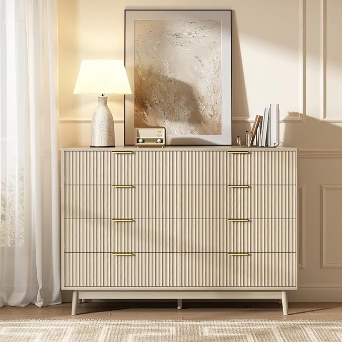 CARPETNAL Fluted 8 Drawer Dresser for Bedroom, 55" Wide Wooden Chest of Drawers with Rounded Corners, Gold Handles, Modern Storage Organizer for Bedroom, Hallway(Beige)