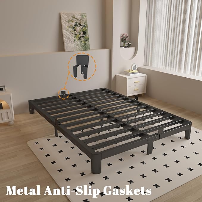 Queen Bed Frame 4 Inch Black, Metal Platform Bed Frame Queen Size with Baffles, No Box Spring Needed, Heavy Duty Steel Support, Rounded Corner Design, Reserved Holes, Noise Free, Easy Assembly