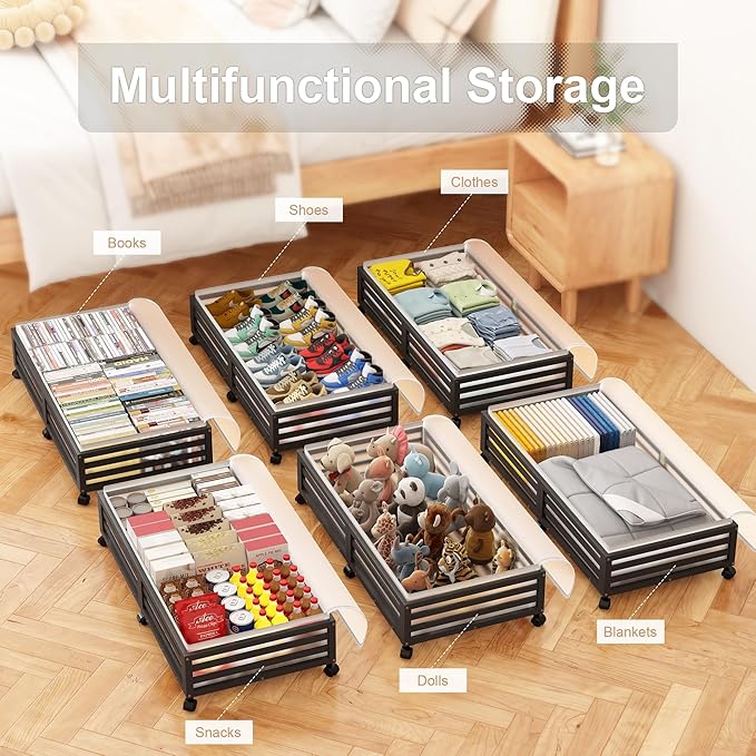 Under Bed Storage with Wheels-Large Bamboo Underbed storage Containers with Large Dust Bag Stackable Under the Bed Shoe Storage Bins for Clothes Books Bedding (2 Packs Black, 33.07"L×16.54"W× 6.5"H)