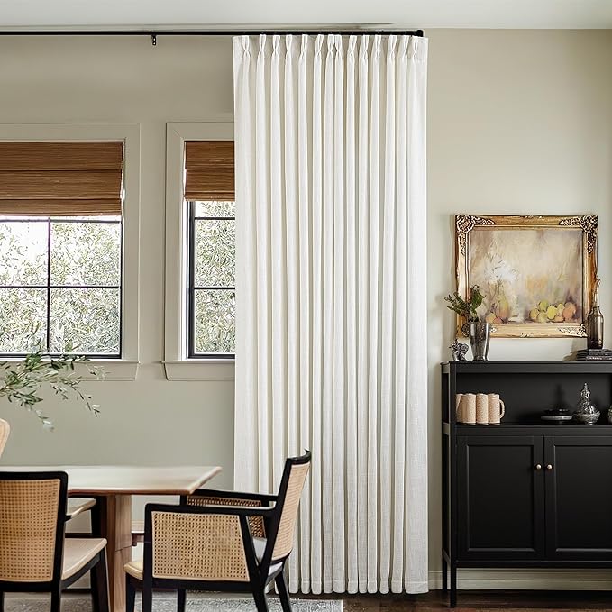 Extra Long Pinch Pleated 132 Inch Linen Curtains 2 Panels Set for High Ceiling Living Room Bedroom Memory Shaped Semi Sheer Pleat Drapes with Hooks Rings Light Filtering Natural Window Curtain 40x132