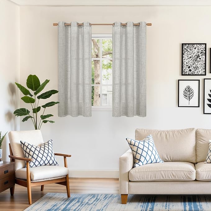YoungsTex Light Grey Linen Curtains 48 Inch Length, Short Light Filtering Drapes Semi Sheer with Bronze Grommet Lightweight for Bedroom Living Room Windows, 42 x 48 Inch, 2 Panels