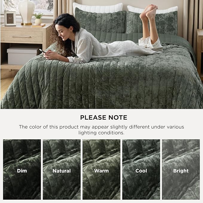 Bedsure Velvet Quilt Queen Size Set - Lightweight Velvet Comforter Queen, Luxury Bedspread Coverlet, Ultra-Soft Winter Bedding Set with 2 Pillow Shams, 90"x96", Olive Green