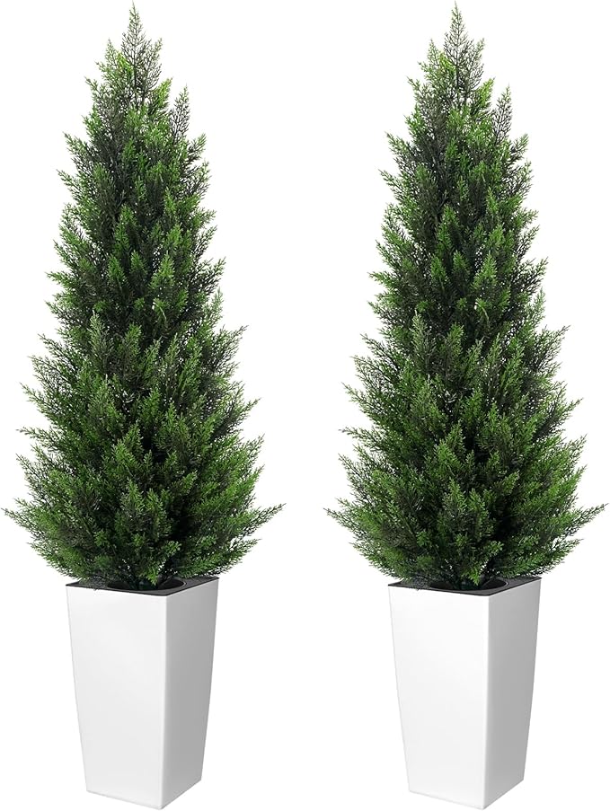 5FT Tall 2 Set Artificial Topiary Cedar Tree, Indoor Realistic Faux Cypress Plants with Square Flowerpot, Outdoor Evergreen Fake Shrubs for Home Living Room Front Porch Decor