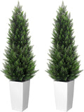 5FT Tall 2 Set Artificial Topiary Cedar Tree, Indoor Realistic Faux Cypress Plants with Square Flowerpot, Outdoor Evergreen Fake Shrubs for Home Living Room Front Porch Decor
