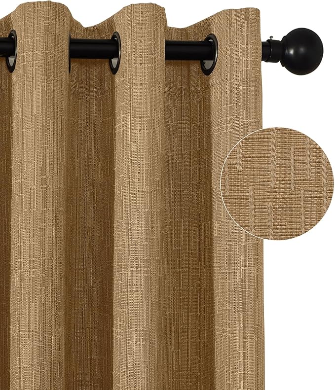 Jacquard Linen Curtains 96 inch Length 2 Panels Thick Faux Linen Blended Window Drapes Burlap Textured Curtains with Grommet for Living Room Bedroom Farmhouse (52x96 Light Coffee) Natural
