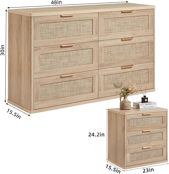 LEYAOYAO Rattan Dresser and Nightstand Sets 3 Piece, Boho Wood Dresser for Bedroom with 6 Drawers and Night Stand with 3 Drawer, Bedroom Furniture, Dressers & Chests of Drawers, Living Room, Hallway