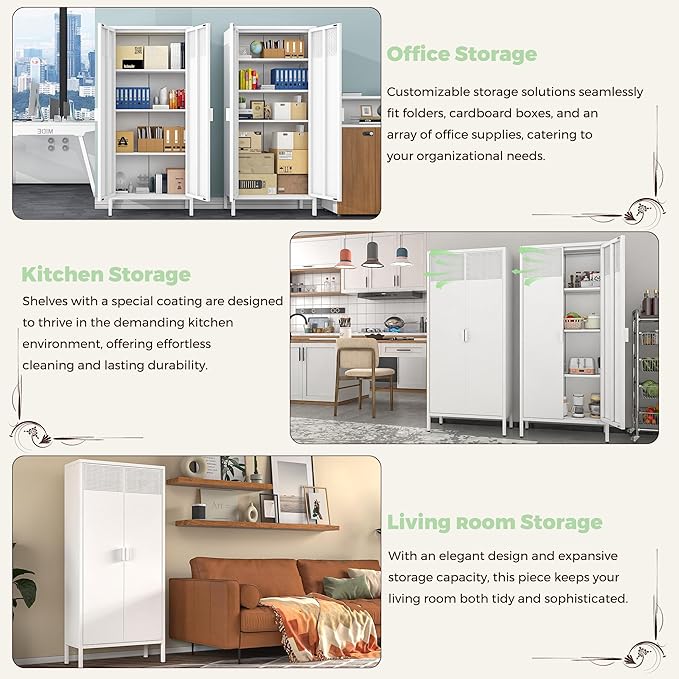 COFaR 4 Tier Black Metal Storage Cabinet, Free Standing with 2 Doors, 3 Adjustable Shelves and Legs, Cupboard Metal Cabinet for Living Room, Kitchen, Dining Room, Office
