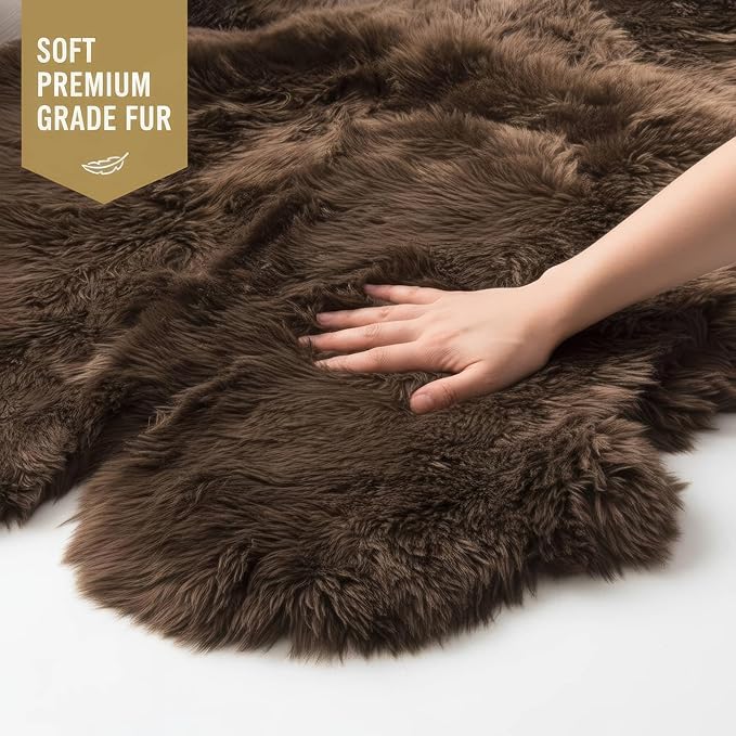 Genuine Dark Brown Sheepskin Rug, Real Fluffy Quad Pelt 4x6 ft Fur Area Rug for Living Room, Bed & Home Decor, Natural Sheep Skin Throw