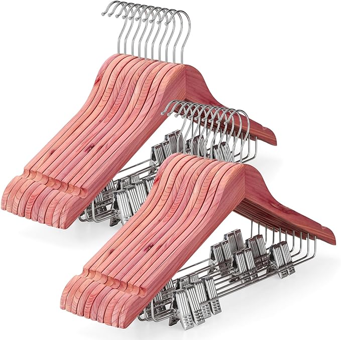TOPIA HANGER American Red Cedar Wooden Hangers with Adjustable Metal Clips and 360° Swivel Hook, Premium Wood Clothes Hangers 20 Pack for Suit, Pant, Skirt, Jeans, Coat, Jacket-CT28C20