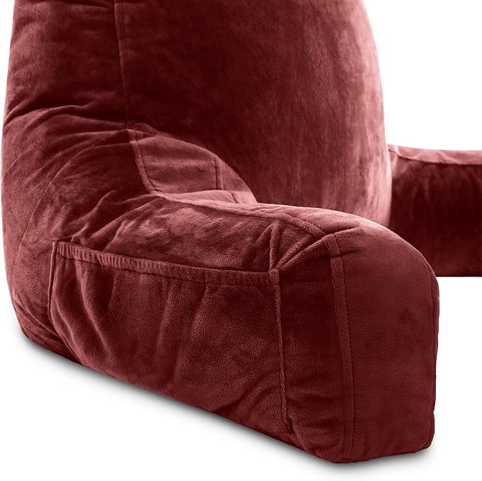 Husband Pillow XXL – Reading Pillow Bed Chair with Arms & Back Support – Maroon - Back Pillow for Beds Sitting Up – Bed Rest Arm Pillow – Comfy Reading Pillow for Adults
