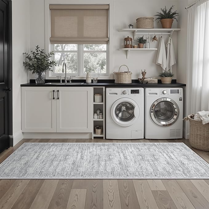 Runner Rug 2'x8' Washable Non-Slip Runner Rugs for Kitchen Bathroom Laundry Room Grey Vintage Floor Carpet Runners for Hallway Entryway