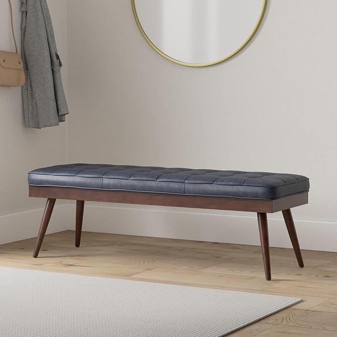 POLY & BARK 55" Tufted Leather Bed Bench for Bedroom End of Bed - Living Room Entry Way Bench - Pure Italian Leather Upholstery with a Solid Wood Frame - Ottoman Bench with Wooden Legs - Midnight Blue