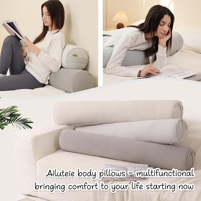 Long Pillow for Bed – Round Bolster Pillow for Adults, Body Pillow for Sleeping, Ergonomic Support,47.24x 7.87 Inches,Silver Gray