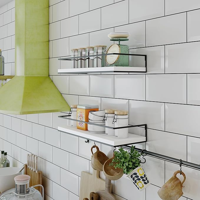 Shario White Floating Shelves - Set of 2, Wall Mounted Hanging Shelves with Grey Towel Rack, Decorative Storage Shelves for Bathroom, Kitchen, Living Room & Bedroom (White Grey, 15.7 Inches)